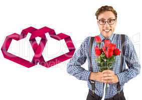 Composite image of geeky hipster holding a bunch of roses