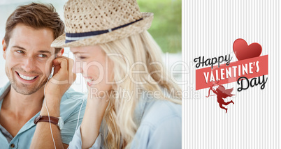 Composite image of cute couple listening to music together in ca