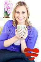 Composite image of blond woman enjoying her coffee sitting on th