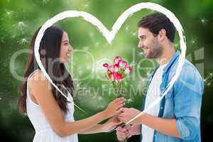 Composite image of happy hipster giving his girlfriend roses