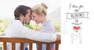 Composite image of cute couple sitting on bench together smiling