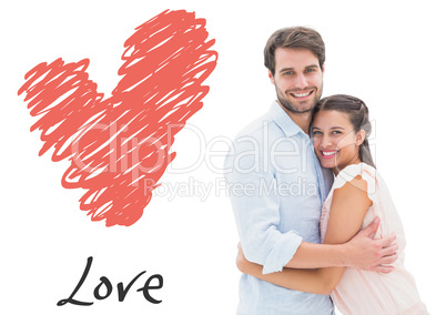 Composite image of attractive young couple hugging and smiling a