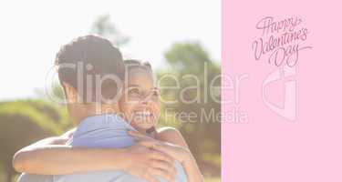 Composite image of loving and happy woman embracing man at park