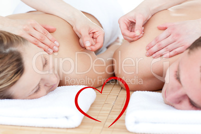 Composite image of relaxed couple in an acupuncture therapy