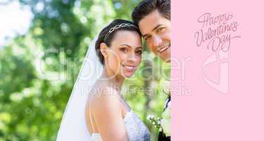 Composite image of loving bride and groom in garden