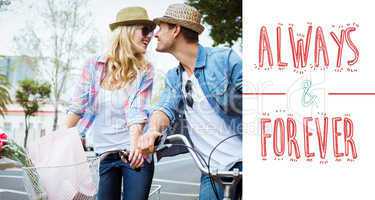 Composite image of hip young couple on a bike ride