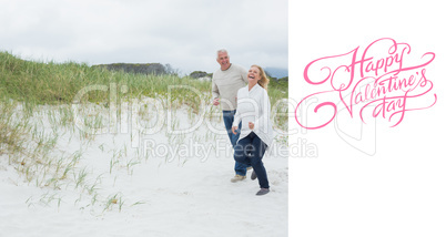 Composite image of cheerful senior couple walking at beach