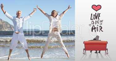 Composite image of happy couple jumping on the beach together