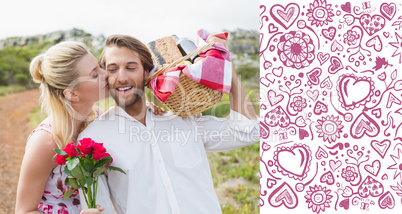 Composite image of cute couple going for a picnic with woman kis