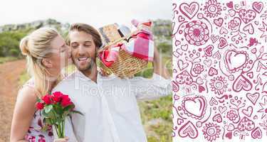 Composite image of cute couple going for a picnic with woman kis