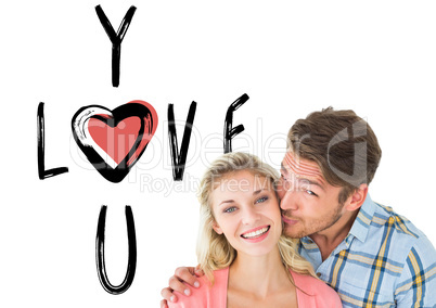 Composite image of handsome man kissing girlfriend on cheek