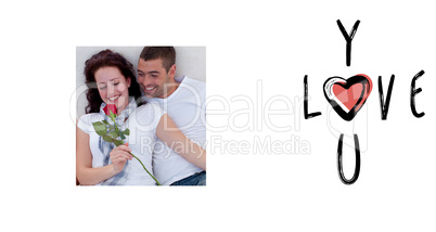 Composite image of couple on sofa with a rose