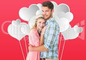 Composite image of attractive couple embracing and smiling at ca