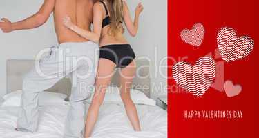 Composite image of low section of a semi dressed couple on bed