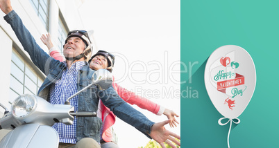 Composite image of happy senior couple riding a moped