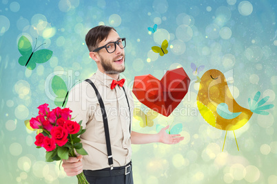 Composite image of geeky hipster offering bunch of roses
