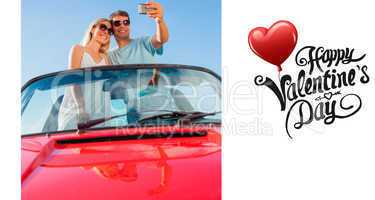 Composite image of smiling couple standing in red cabriolet taki