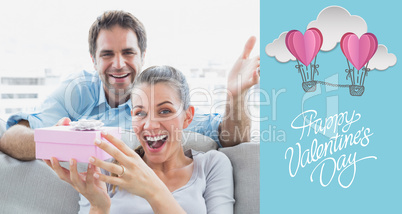 Composite image of man surprising his delighted girlfriend with