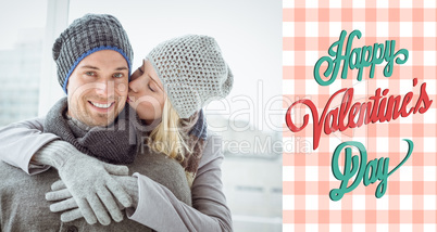 Composite image of cute couple in warm clothing hugging man smil