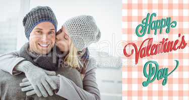 Composite image of cute couple in warm clothing hugging man smil