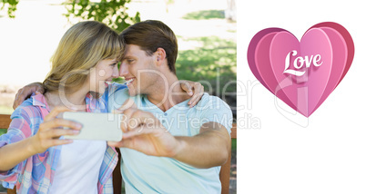 Composite image of smiling couple sitting on bench in the park t