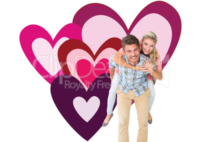 Composite image of handsome man giving piggy back to his girlfri