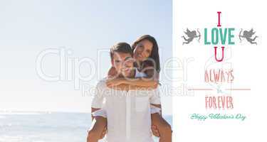 Composite image of smiling man giving girlfriend a piggy back lo