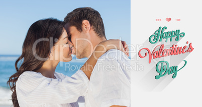 Composite image of couple embracing and kissing each other on th