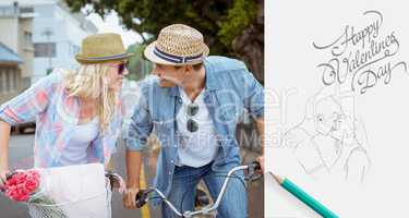 Composite image of hip young couple going for a bike ride
