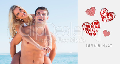 Composite image of laughing man giving his pretty girlfriend a p