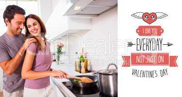 Composite image of woman preparing food at the stove