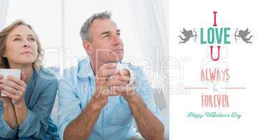 Composite image of thoughtful middle aged couple sitting on the