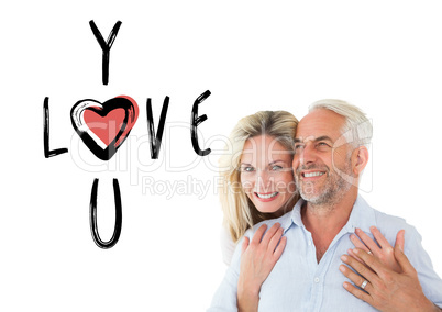 Composite image of smiling couple embracing with woman looking a