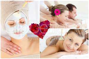 Composite image of collage of an attractive couple having relaxa