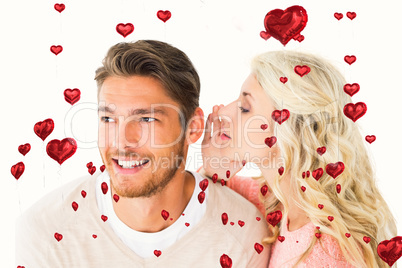 Composite image of attractive blonde whispering secret to boyfri