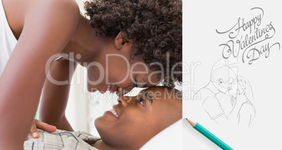 Composite image of intimate couple messing about in the morning