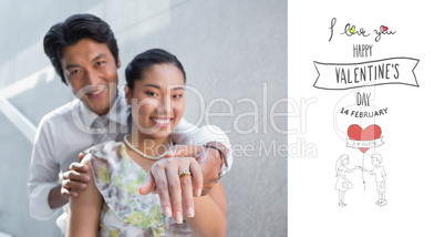 Composite image of couple showing engagement ring on womans fing