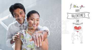 Composite image of couple showing engagement ring on womans fing