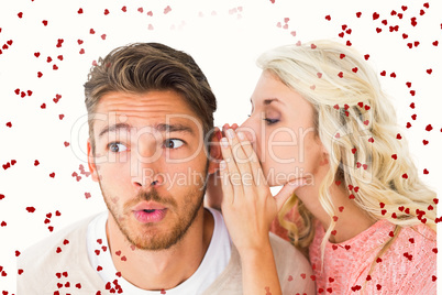 Composite image of attractive blonde whispering secret to boyfri