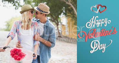 Composite image of hip young couple going for a bike ride