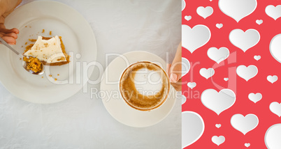 Composite image of woman having cake and coffee