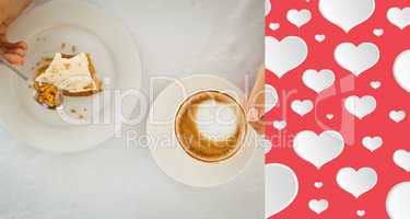 Composite image of woman having cake and coffee