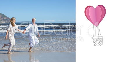 Composite image of happy couple skipping barefoot on the beach