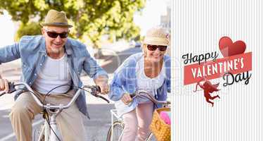 Composite image of happy mature couple going for a bike ride in