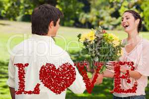 Composite image of man presents his friend with flowers
