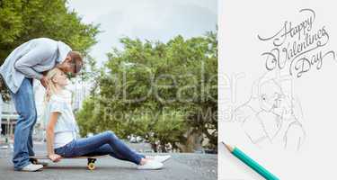 Composite image of hip young blonde sitting on skateboard with b