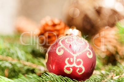 Red Christmas balls with pine cones