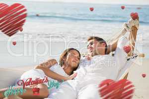 Composite image of peaceful couple relaxing on hammock