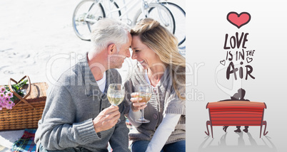 Composite image of couple enjoying white wine on picnic at the b