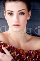 portrait brunette woman with blue eyes